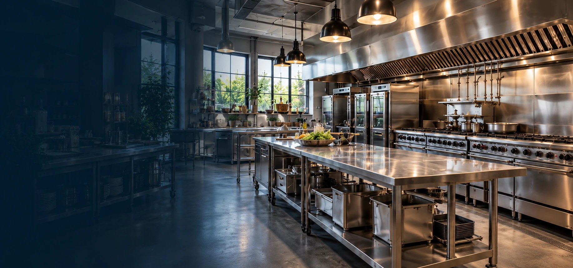 Professional commercial kitchen with stainless cooking equipment, a preparation island, and a ventilation hood