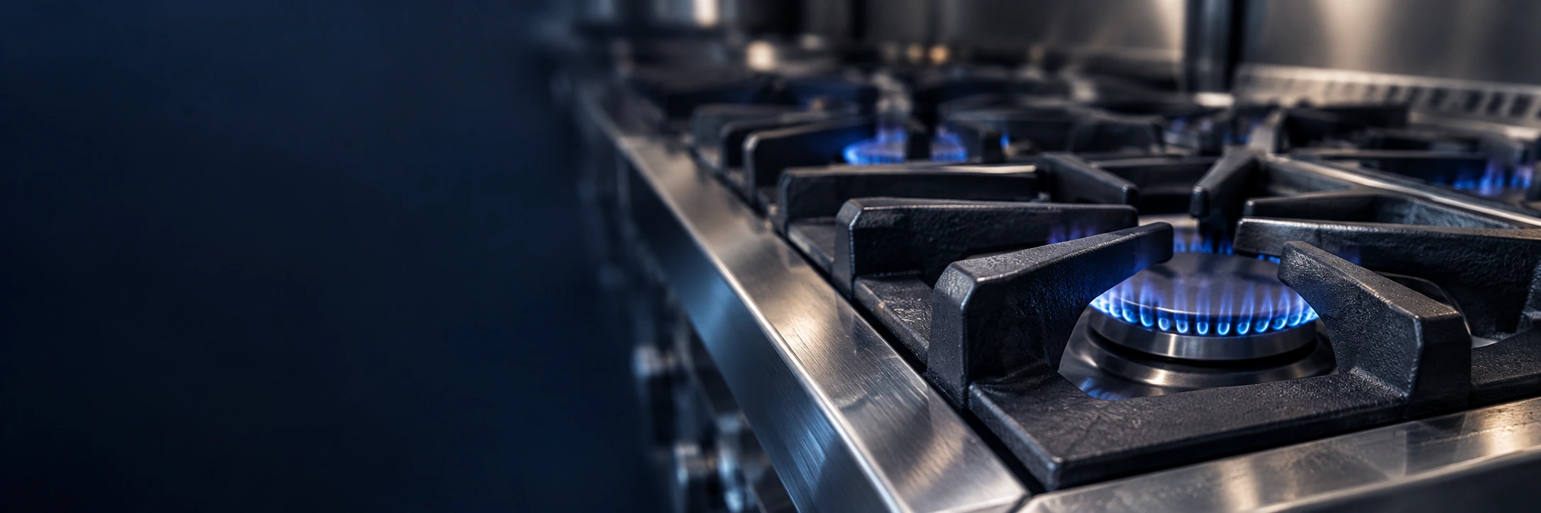 Close-up of commercial cast-iron range grates and blue gas flames